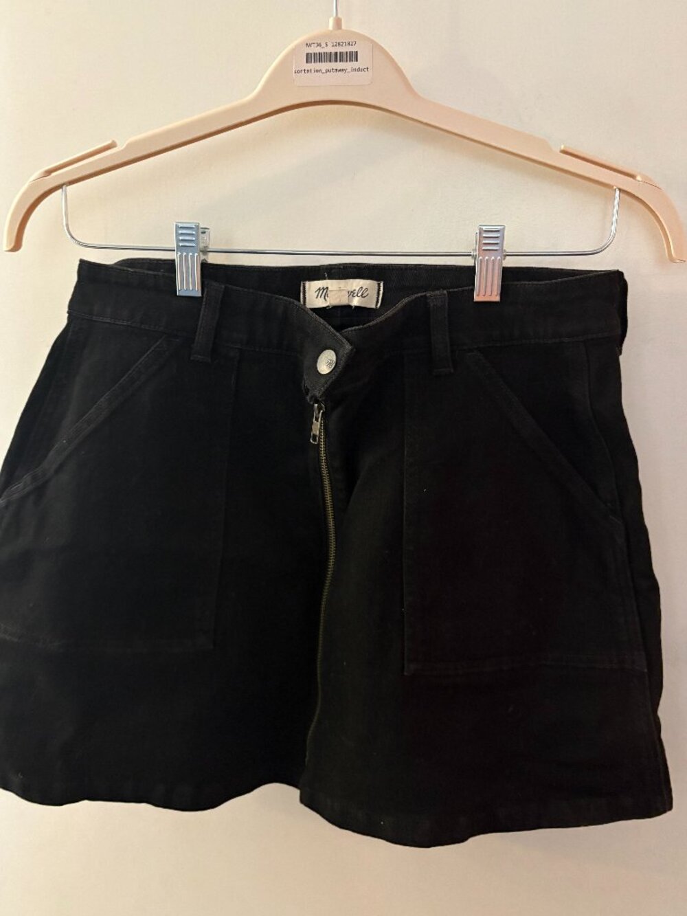 Madewell Black Denim Mini Skirt Exposed Zip Utility Size 30